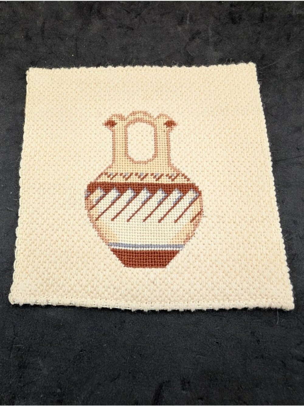 Vtg Crossstitch Art Southwest American Indian Wedding Vase Pottery 5.4"  X 5.6"